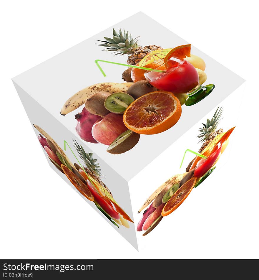 Photo cube with mixed fruit and glass of orange on white background