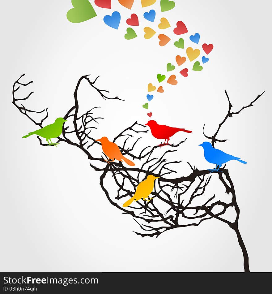 Enamoured birds on a branch. A  illustration. Enamoured birds on a branch. A  illustration