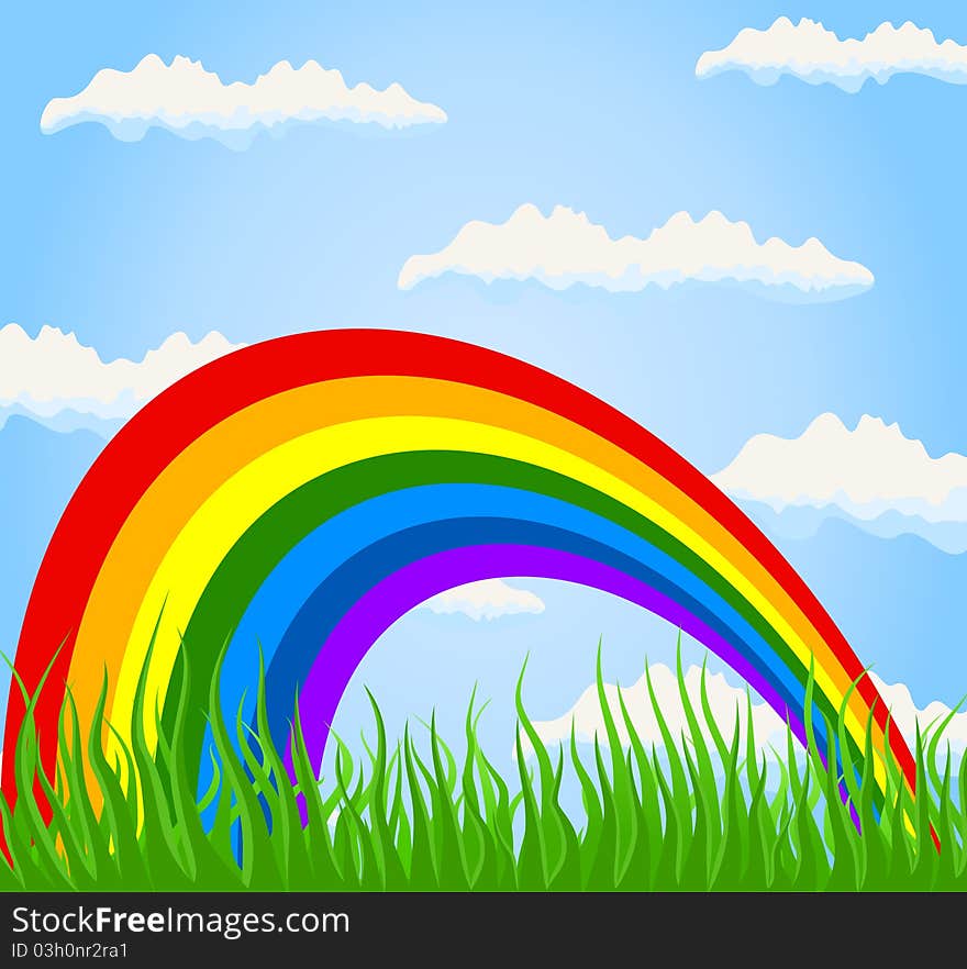 Rainbow in the sky over a field. A  illustration. Rainbow in the sky over a field. A  illustration