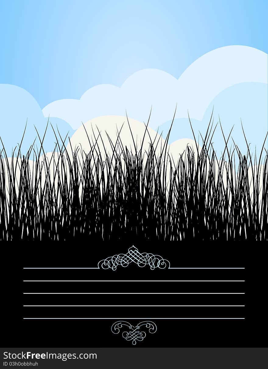 The grass grows from the earth against the blue sky. A  illustration. The grass grows from the earth against the blue sky. A  illustration