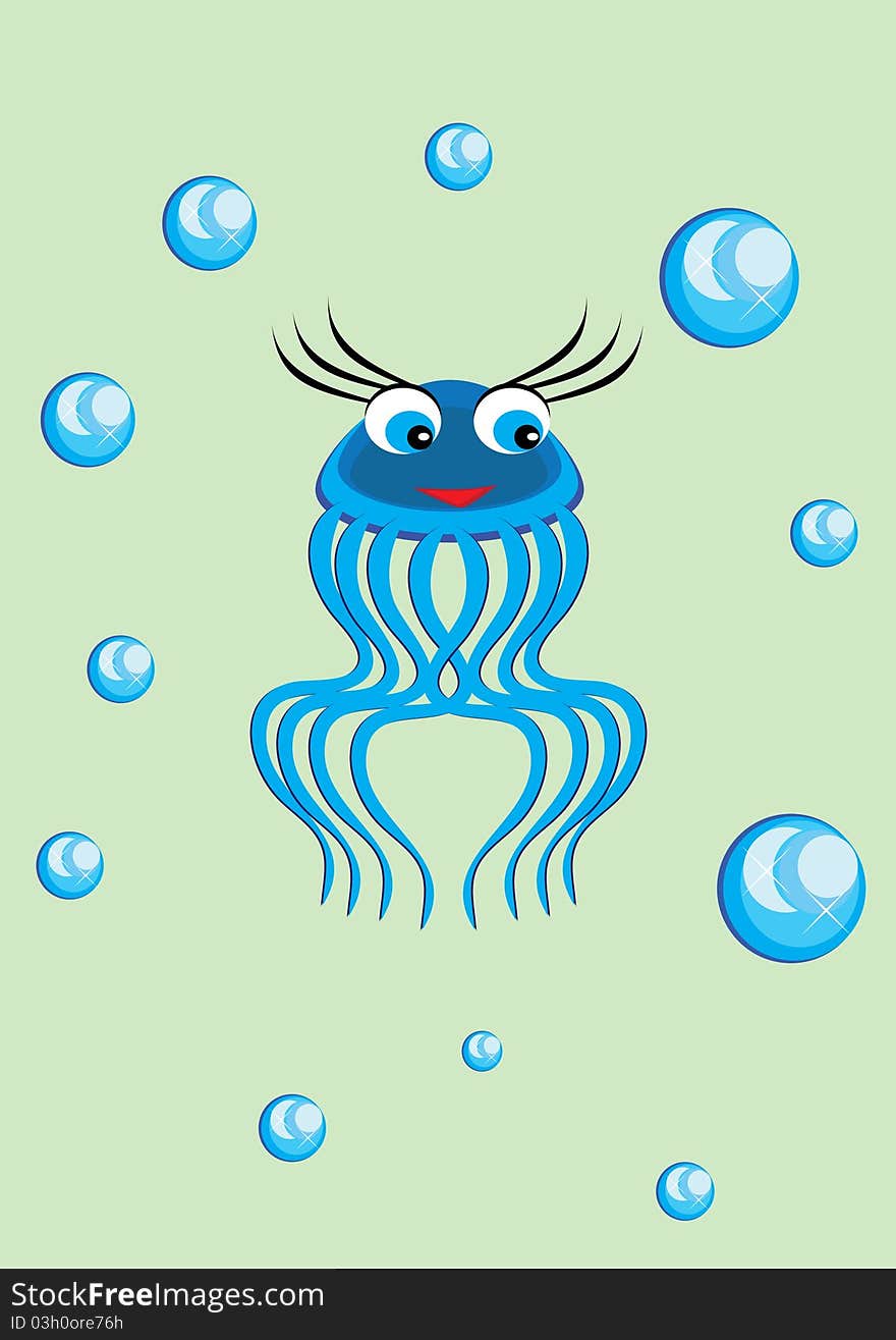 The small ridiculous jellyfish swims in the sea. illustration