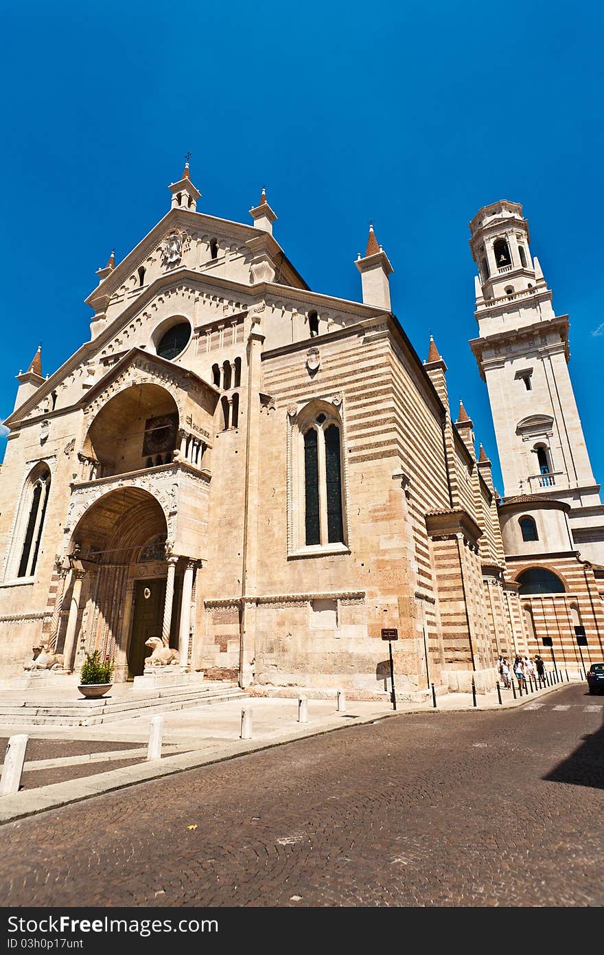 The facade of the catholic middle ages romanic cathedral  in Verona, the city of Romeo and Juliet, Italy