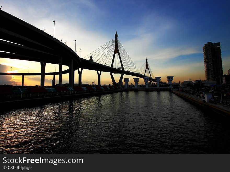 Kind Bhumibol Suspension Bridge Under The Blue Sky, Bangkok. Kind Bhumibol Suspension Bridge Under The Blue Sky, Bangkok