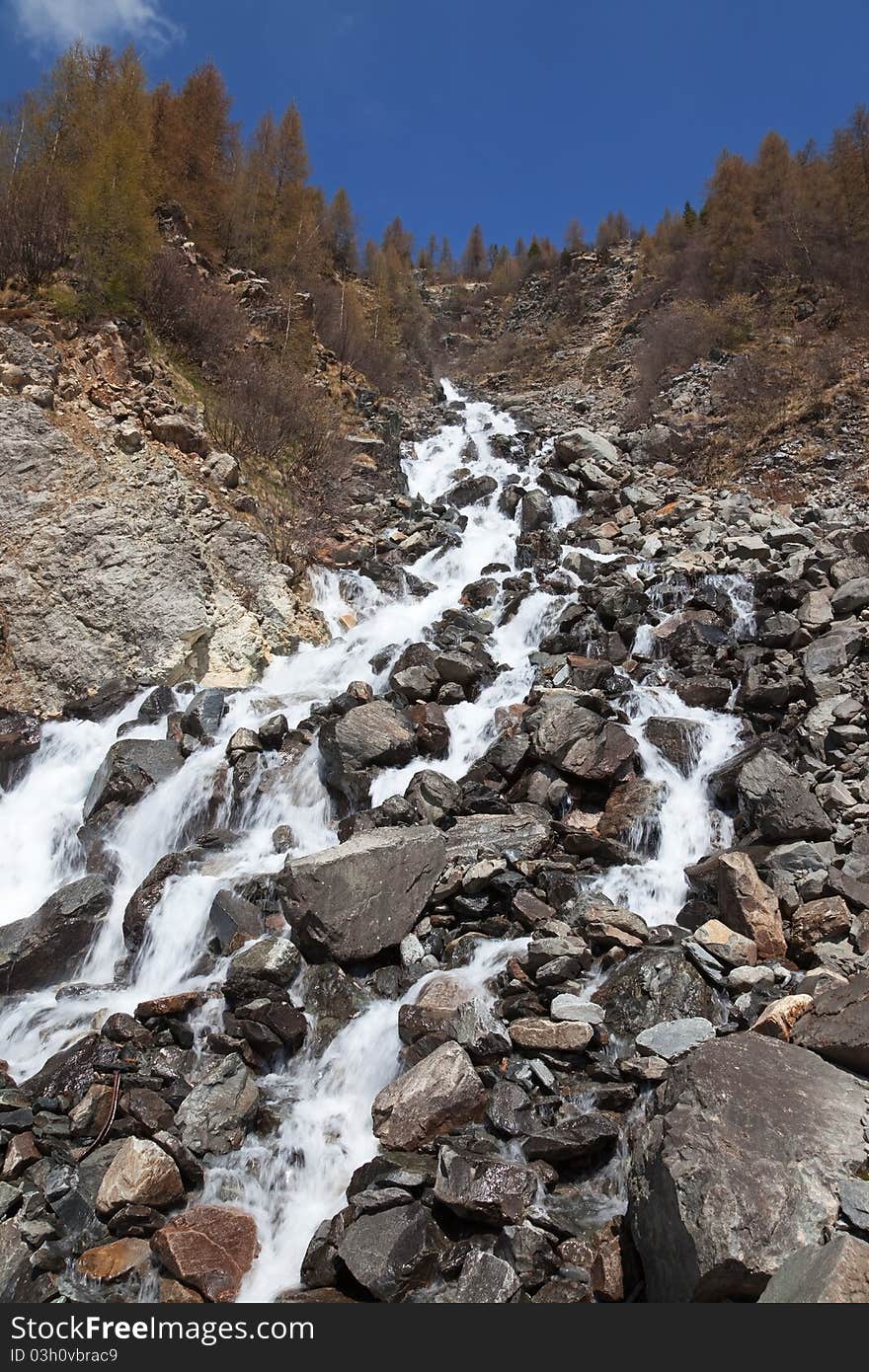 Mountain torrent during thaw. first part of spring