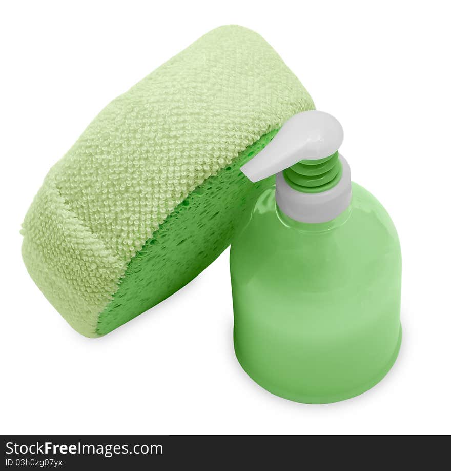 Plastic Bottle with green liquid soap on a white background