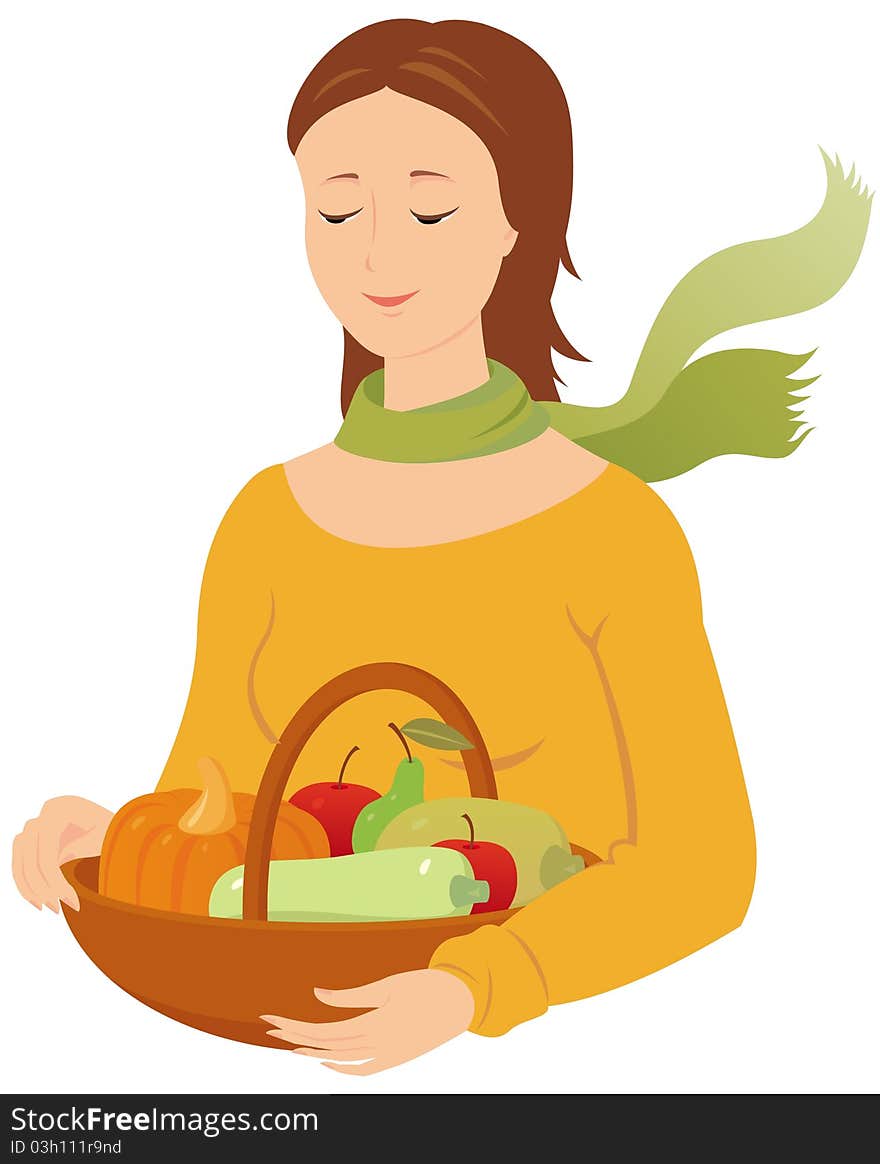 Vector image of woman with fruits and vegetables. Vector image of woman with fruits and vegetables