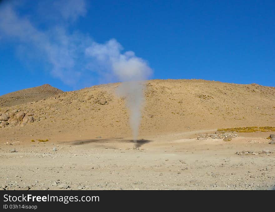 Geothermal plateau Sol de Mañana - the highest plateau hot spring located on the Earth. Located at an , of 4, 850 meters on the Altiplano in Bolivia. Geothermal plateau Sol de Mañana - the highest plateau hot spring located on the Earth. Located at an , of 4, 850 meters on the Altiplano in Bolivia.