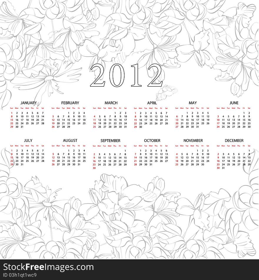 Template for calendar 2012 with flowers