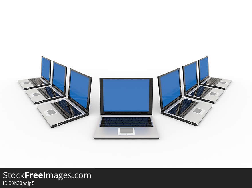 Some laptops isolated on white. Computer generated image.