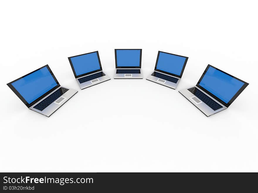 Some laptops isolated on white. Computer generated image.