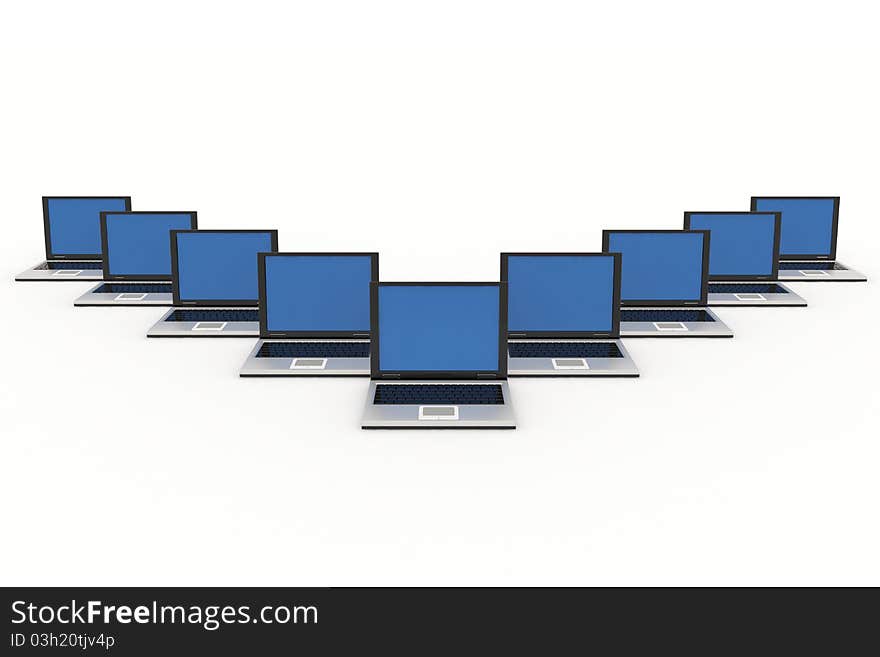 Some laptops isolated on white. Computer generated image.