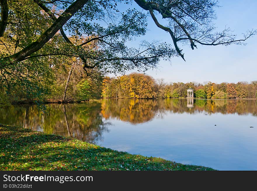 Beautiful pond in the autumn park Nymphenburg in Munich, Germany