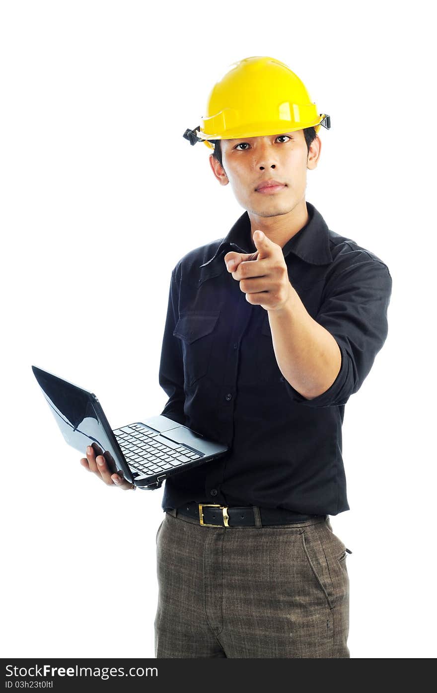 Workers wearing safety helmets holding notebook point fingers isolated white background with serious face. Workers wearing safety helmets holding notebook point fingers isolated white background with serious face