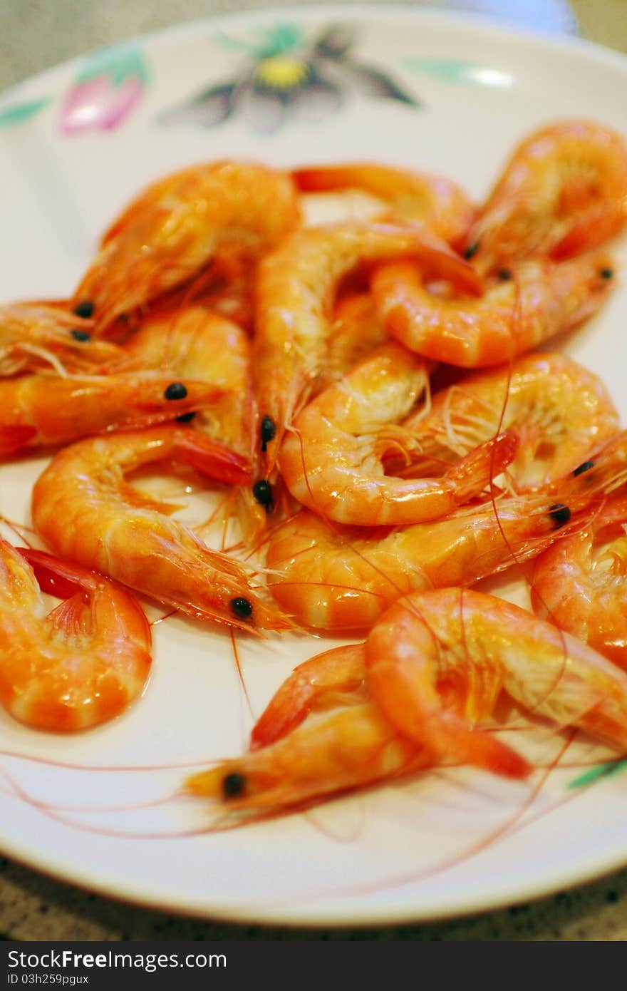 Cooked Shrimps in the white dish