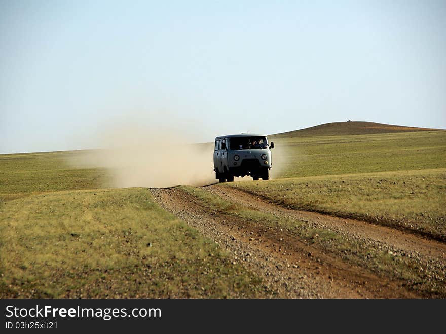 A trail in the steppes of Mongolia, in Asia. A trail in the steppes of Mongolia, in Asia