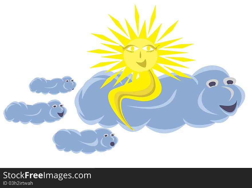 Smiling Sun on blue cloud. Smiling Sun on blue cloud