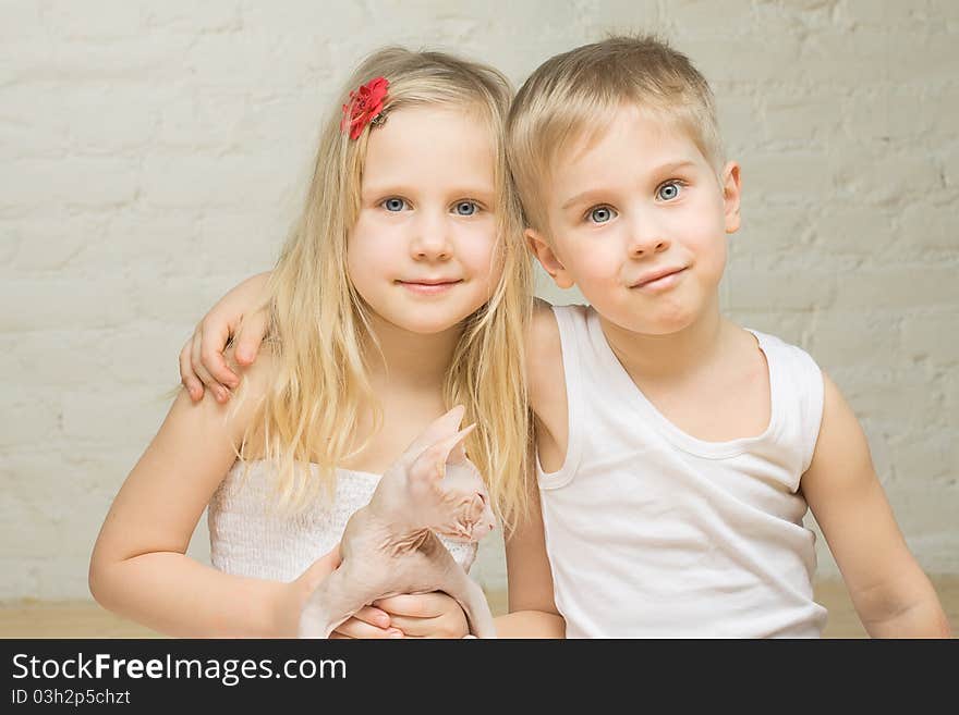 Portrait of beautiful children twins with kitten at home. Portrait of beautiful children twins with kitten at home