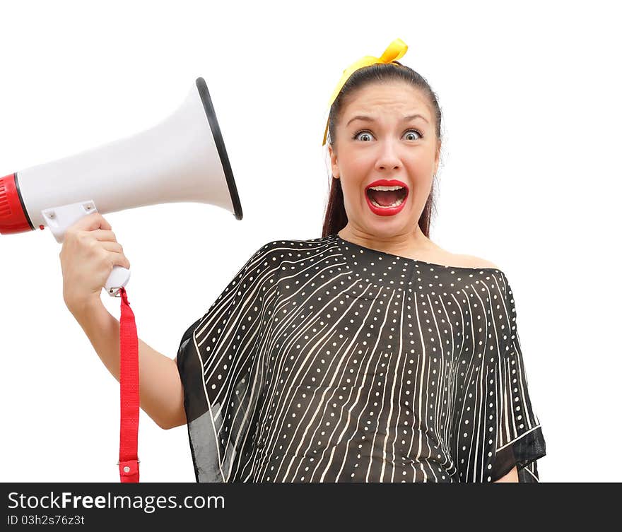 Afraid young woman with megaphone, isolated on white