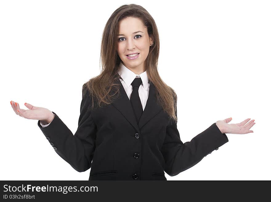 Business woman standing with her arms open. Business woman standing with her arms open