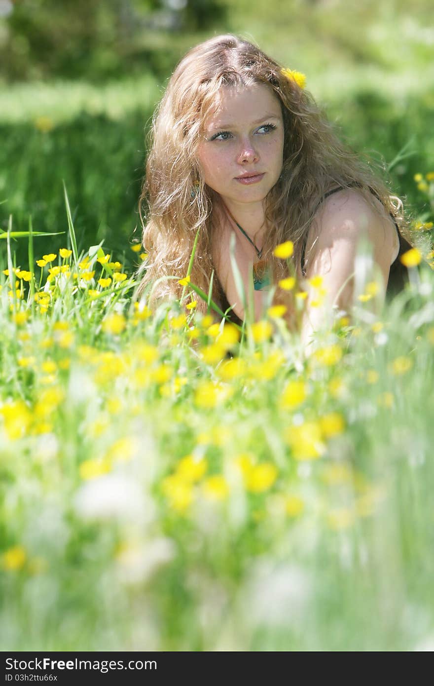 Attractive Woman In Yellow Flowers