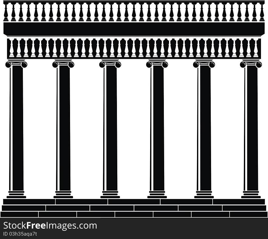 Vector Illustration of architectural element - Portico (Colonnade) with balustrade, ancient temple: black, isolated, white background