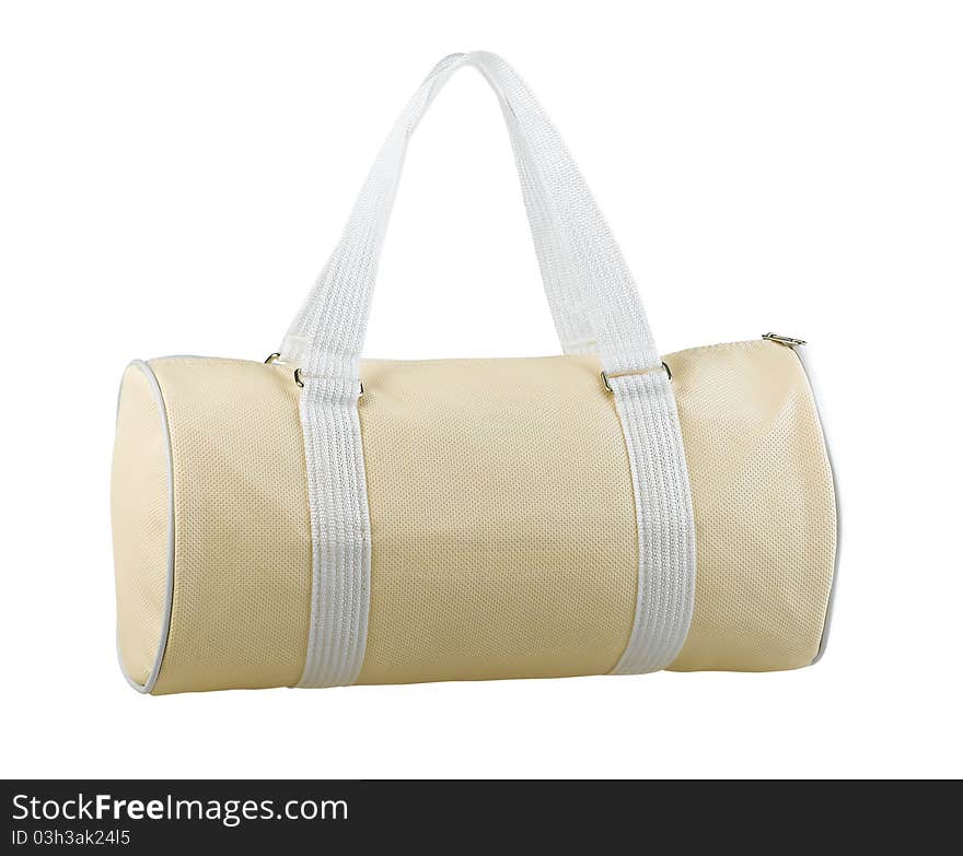 Convenience and comfortable beige color fabric handbag isolated on white background  . Convenience and comfortable beige color fabric handbag isolated on white background