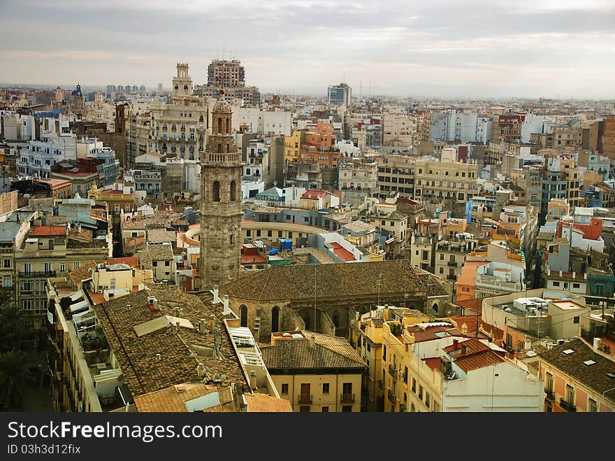 Panoramic view of a tower Santa Catalina Church. City Valencia.