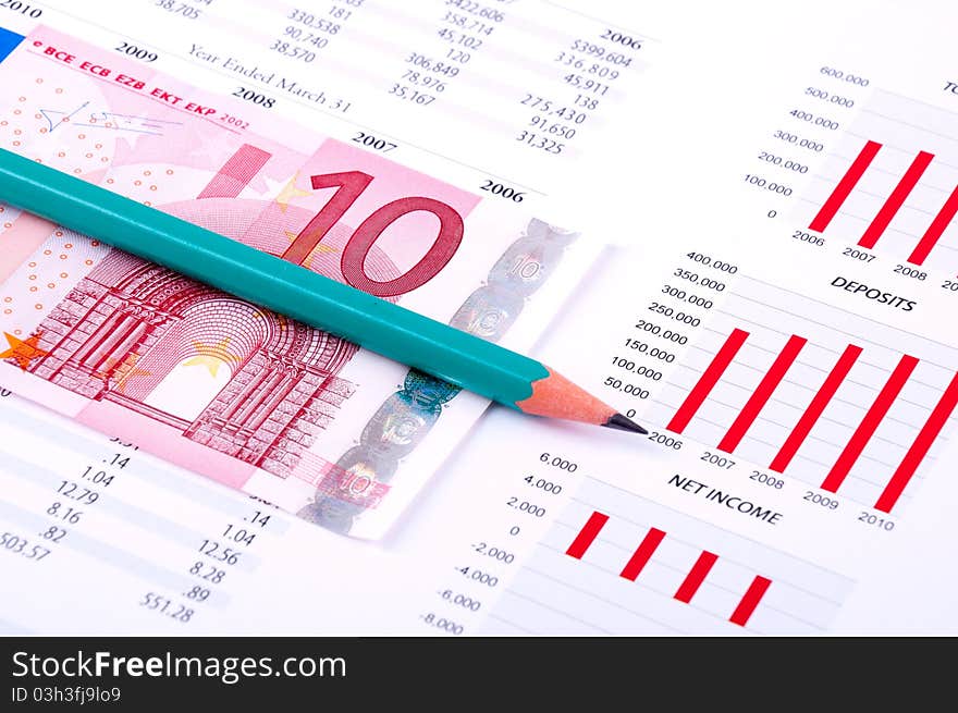 Financial Chart, European Money And Pencil