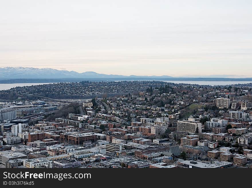 Aerial view of City skyline and mountains