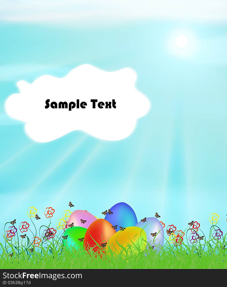 Easter eggs in a grassland with place for text