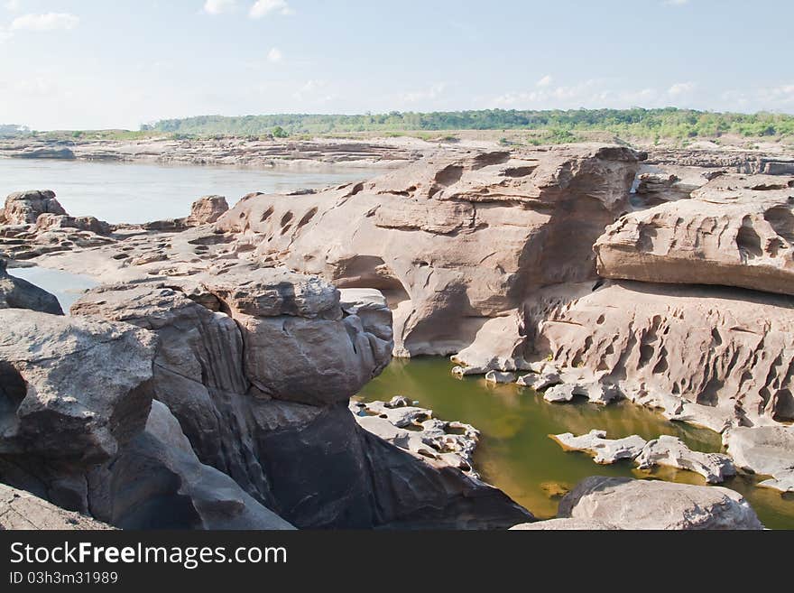 The Amazing of Rock,Natural of Rock Canyon as dog in Khong River after the water come down in Summer,Three Thousand Hole,North East of Thailand.