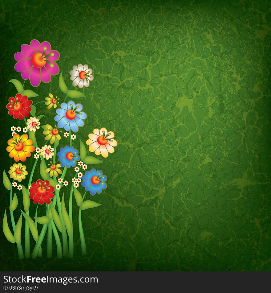 Abstract floral illustration with flowers on grunge green background. Abstract floral illustration with flowers on grunge green background