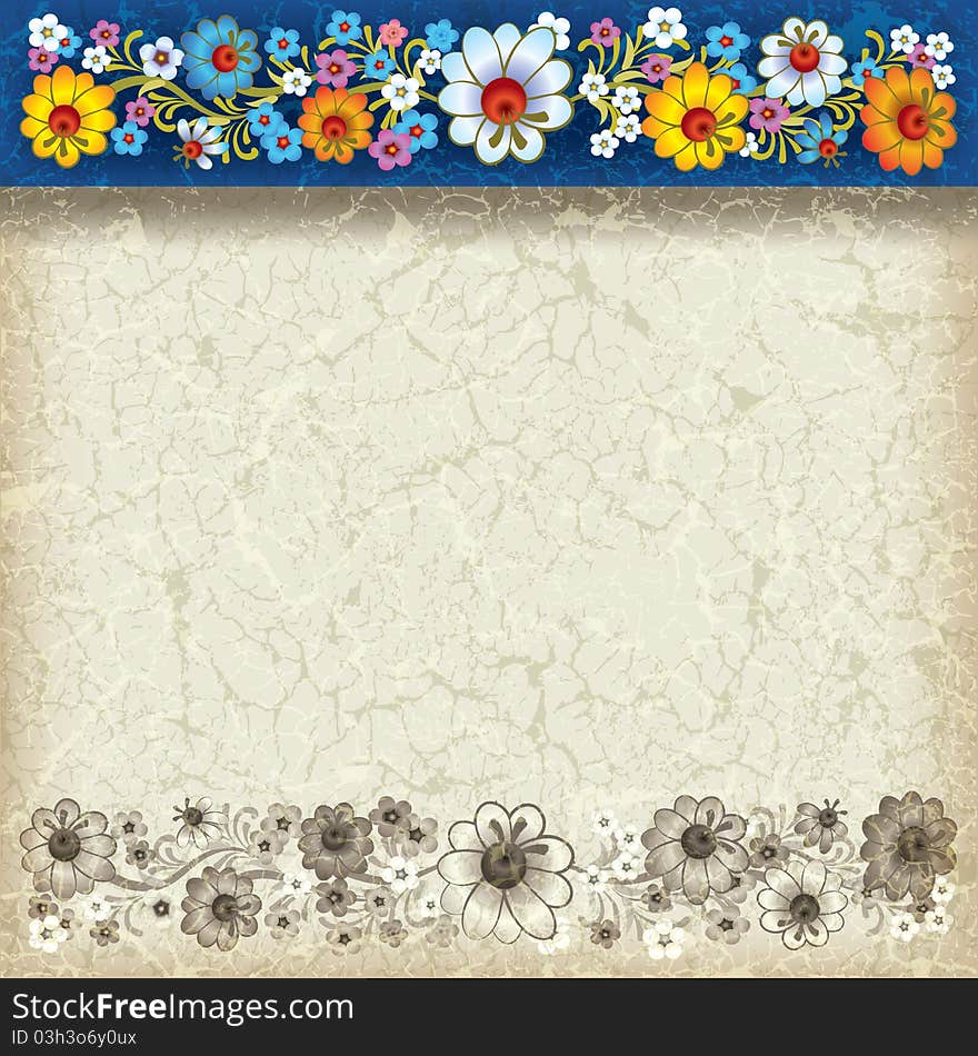 Abstract grunge beige background with floral ornament on blue. Abstract grunge beige background with floral ornament on blue