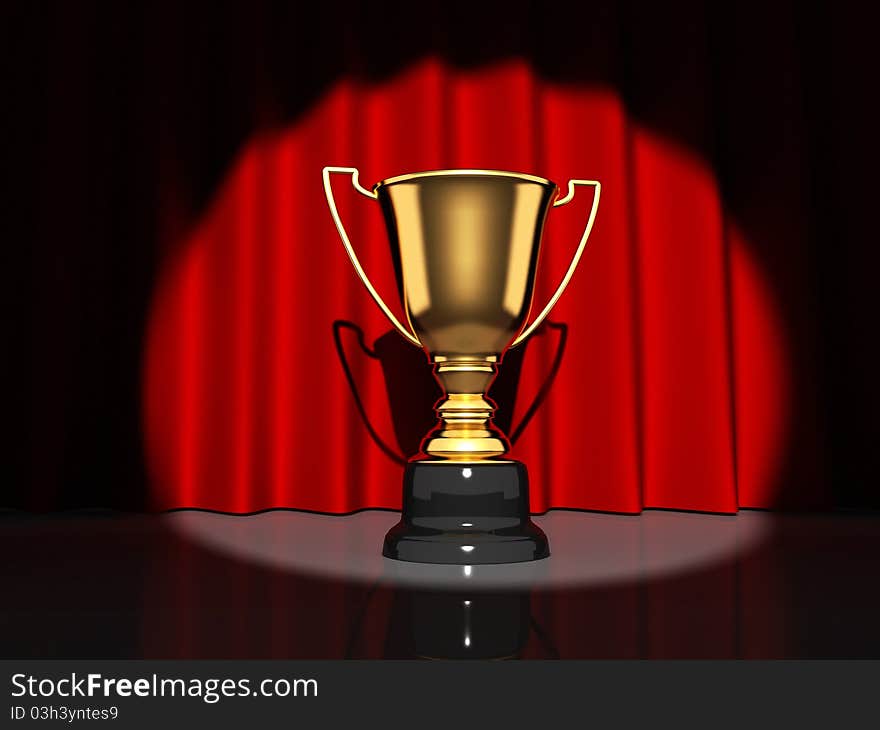 A golden trophy cup on stage - This is a 3d render illustration