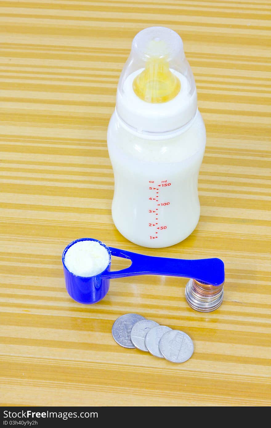 A spoon of baby's milk supported by a stack of small coins and a bottle of milk. A spoon of baby's milk supported by a stack of small coins and a bottle of milk.