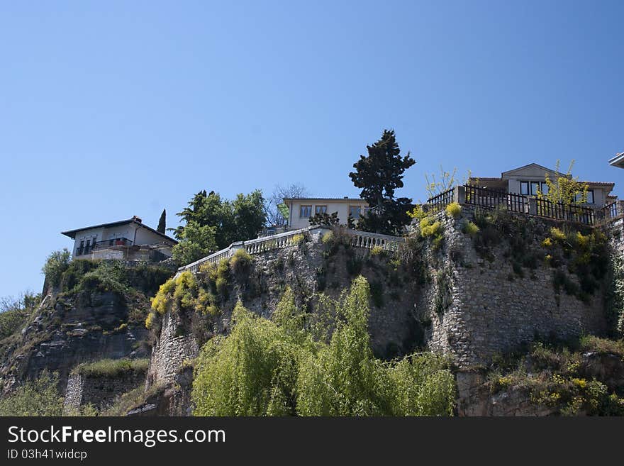 Old houses on a cliff Ohrid, Macedonia