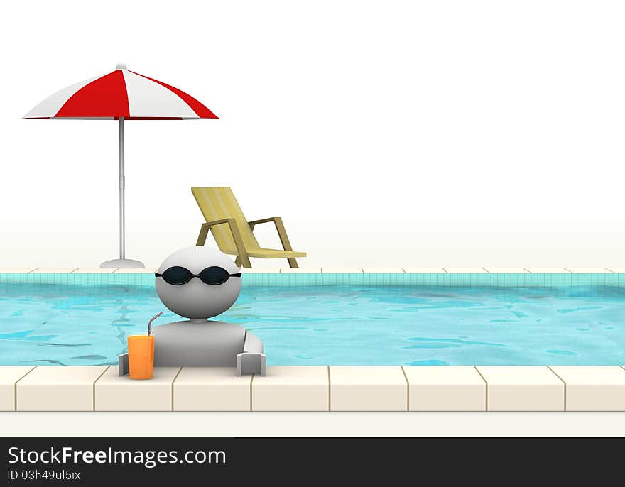 One 3d man who drinks a fresh beverage on a swimming pool (3d render). One 3d man who drinks a fresh beverage on a swimming pool (3d render)