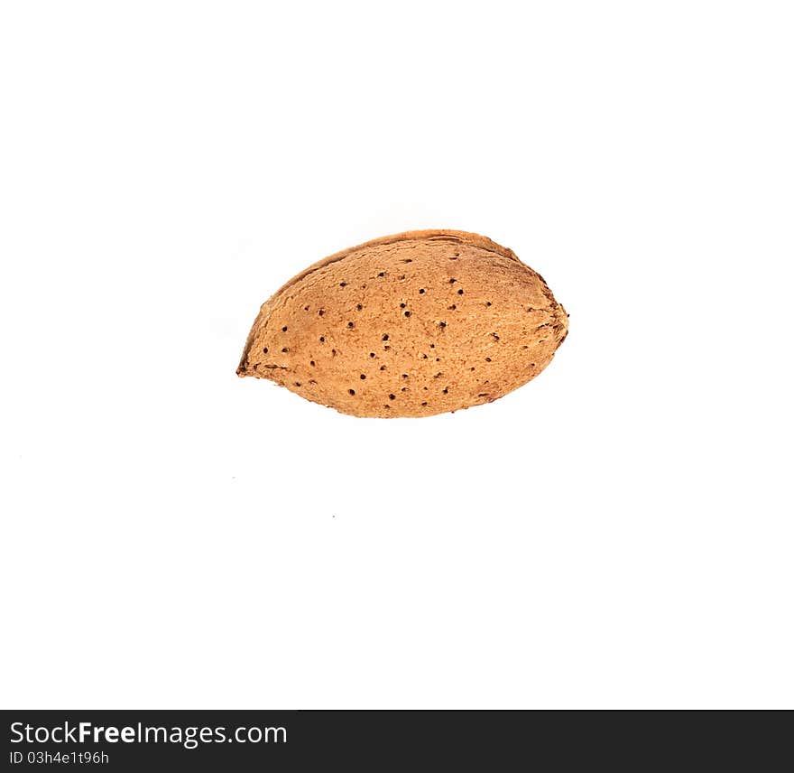 One almond nut on white background