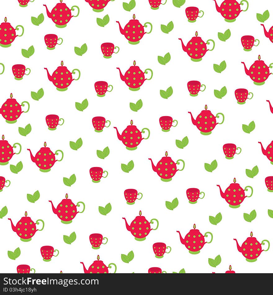 Seamless wallpaper pattern. Red tea pot with cup and leaves on white background