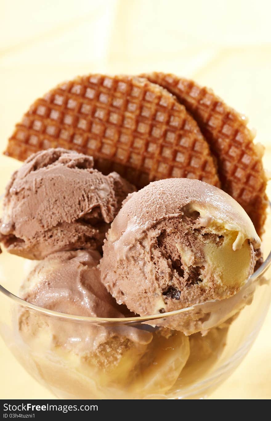 Chocolate and vanilla ice cream, close up. Chocolate and vanilla ice cream, close up