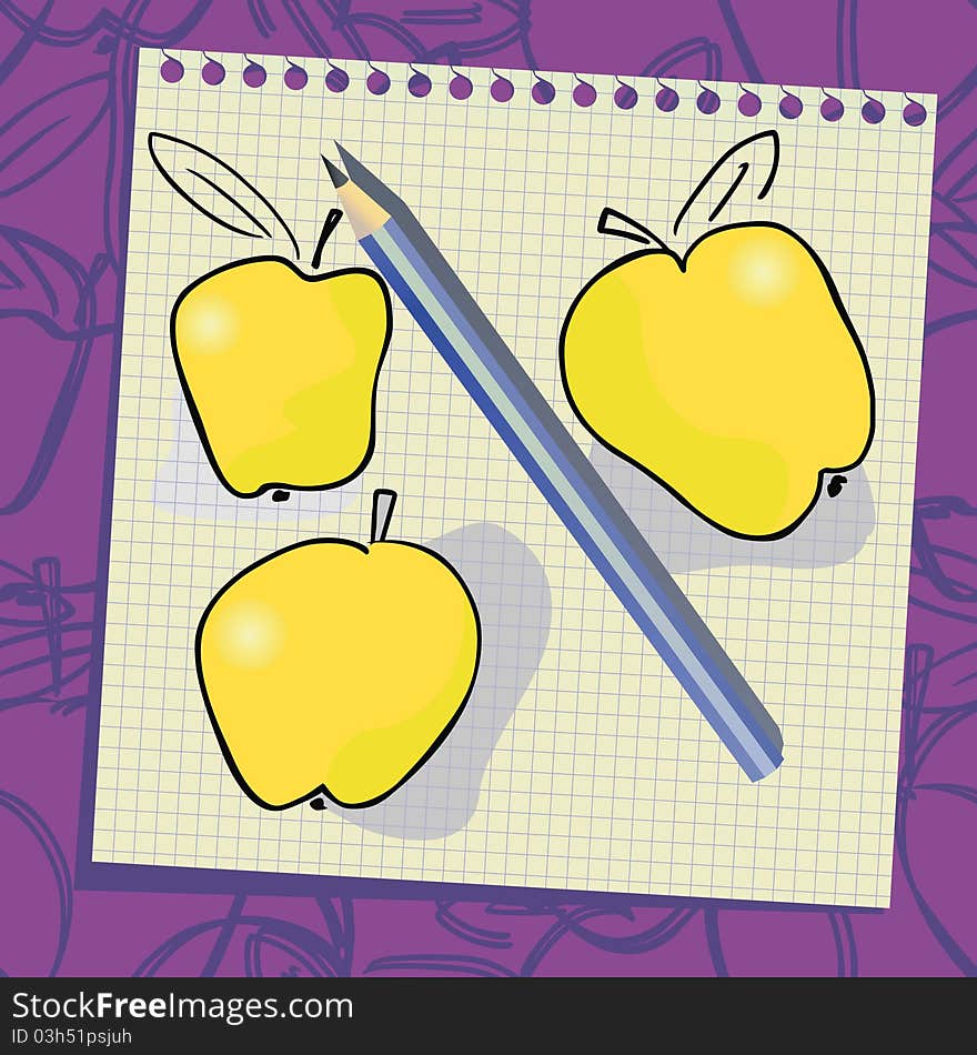 Doodle apple contours on paper sheet. Doodle apple contours on paper sheet.