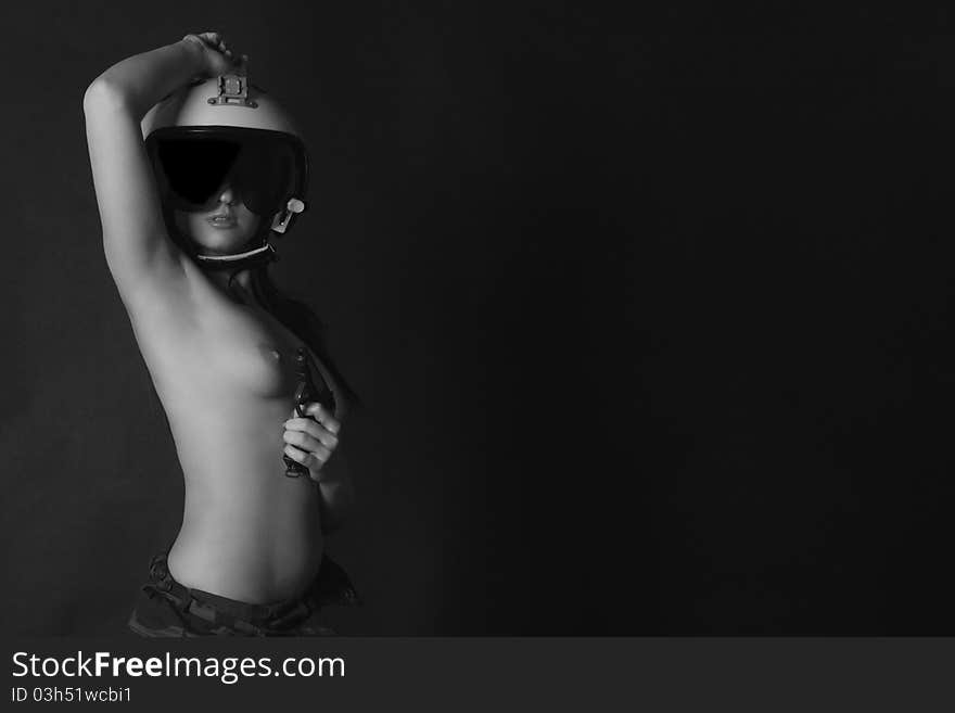 The Naked Girl In A Helmet Of The Fighter Pilot