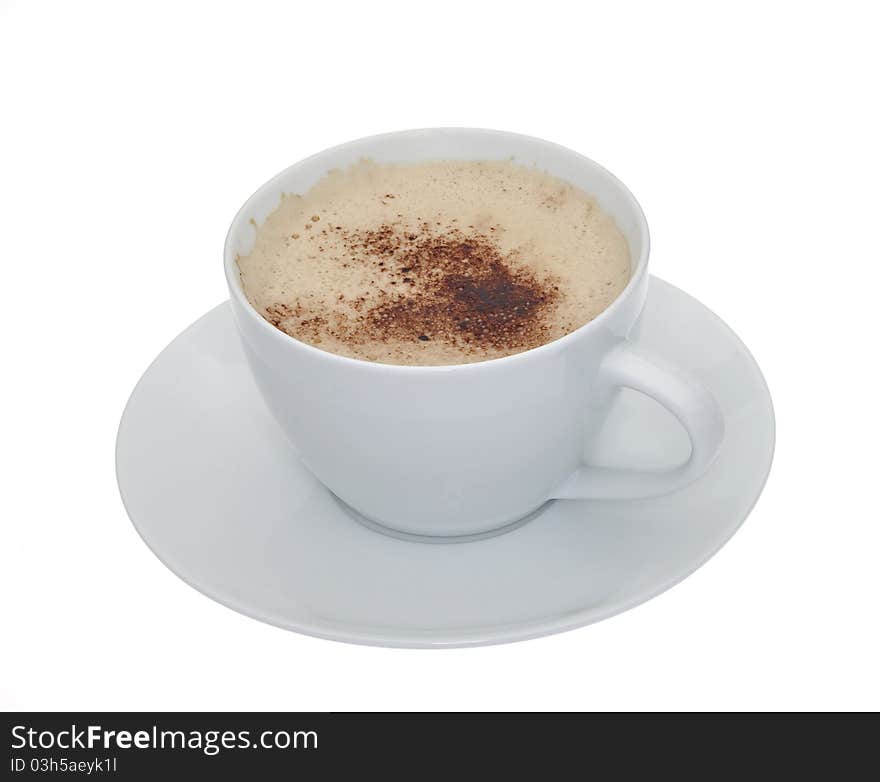 A cup of coffee in a white teacup with saucer isolated against a white background