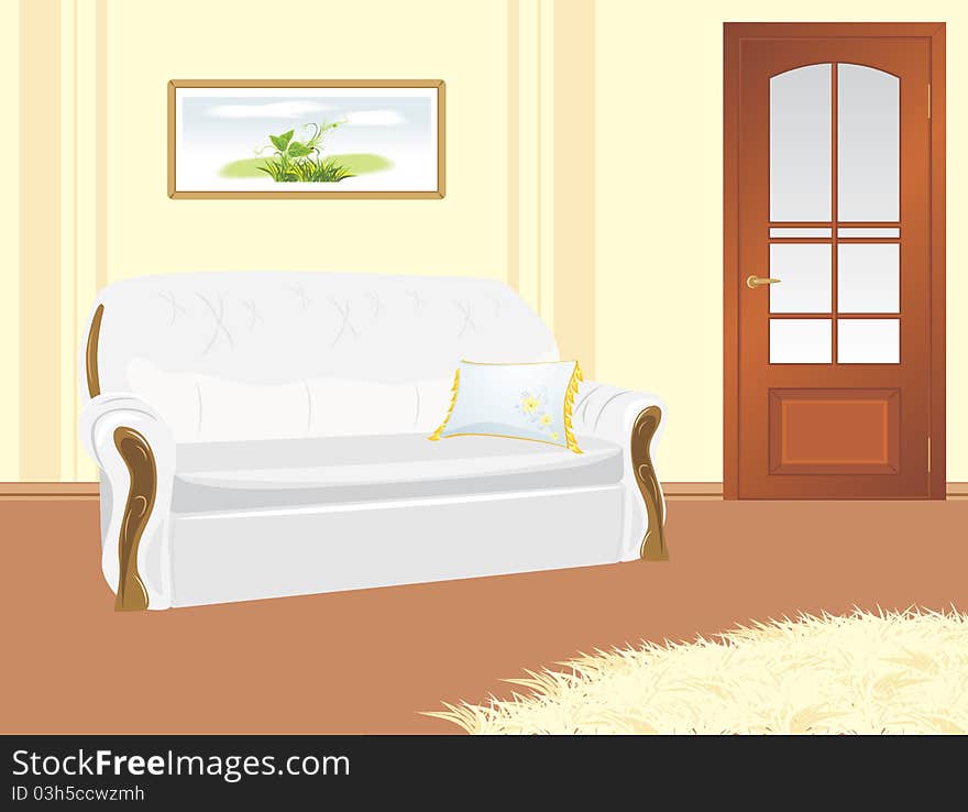 Sofa with pillow. Fragment of living room. Illustration