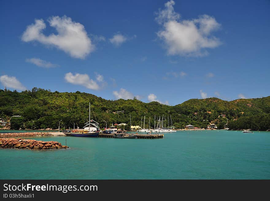 Harbour at Praslin Island in the ocean, Seychelles