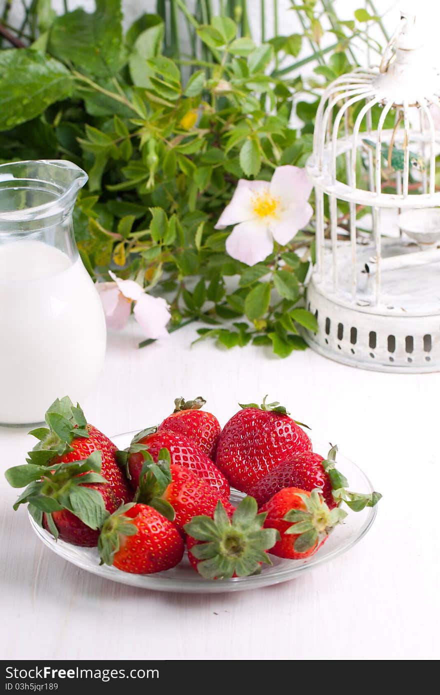 Plate with fresh strawberries and jug of milk on white table with old vintage cage and wild flowers