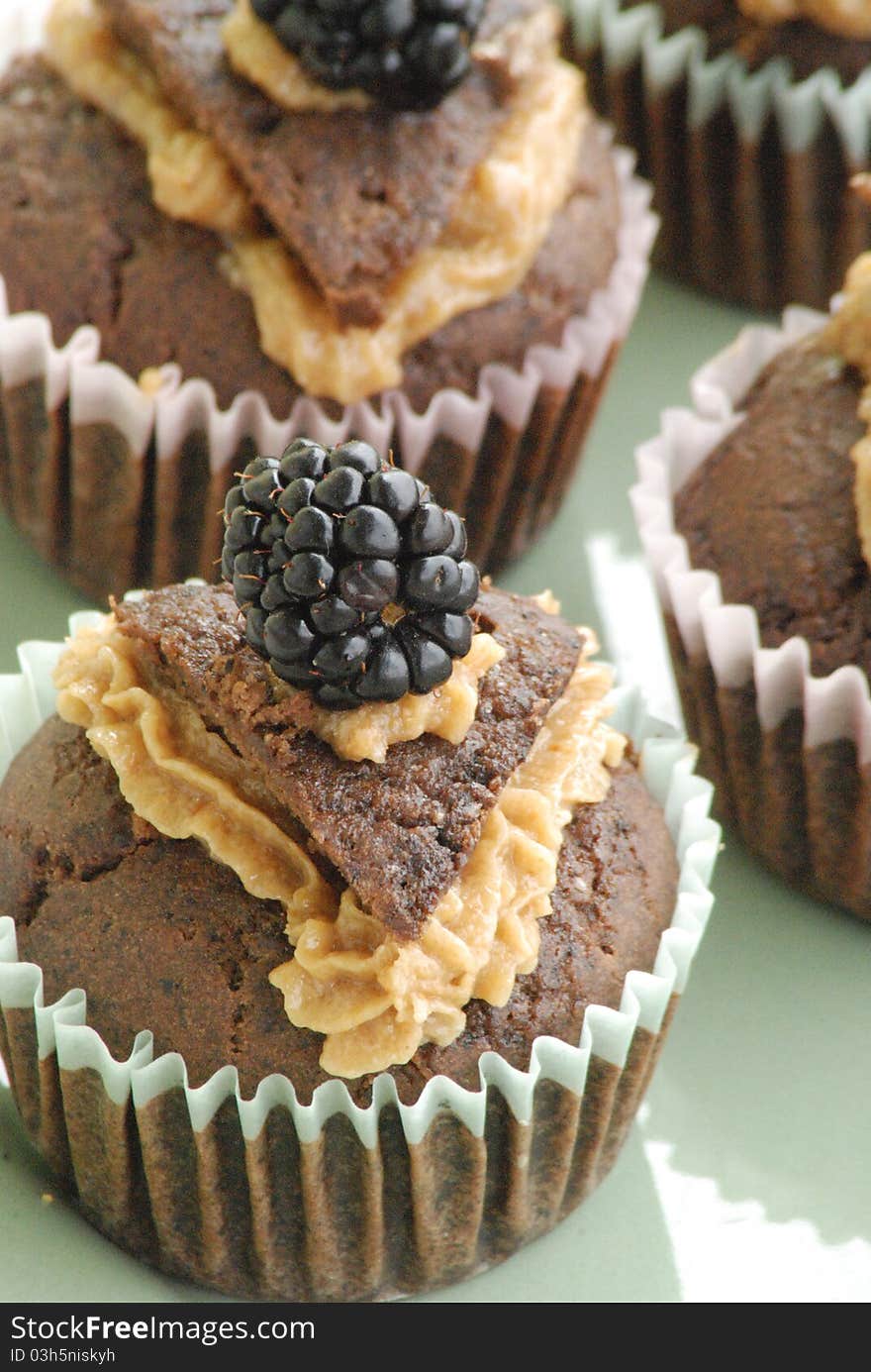 Chocolate cupcakes with frosting and blackberries.