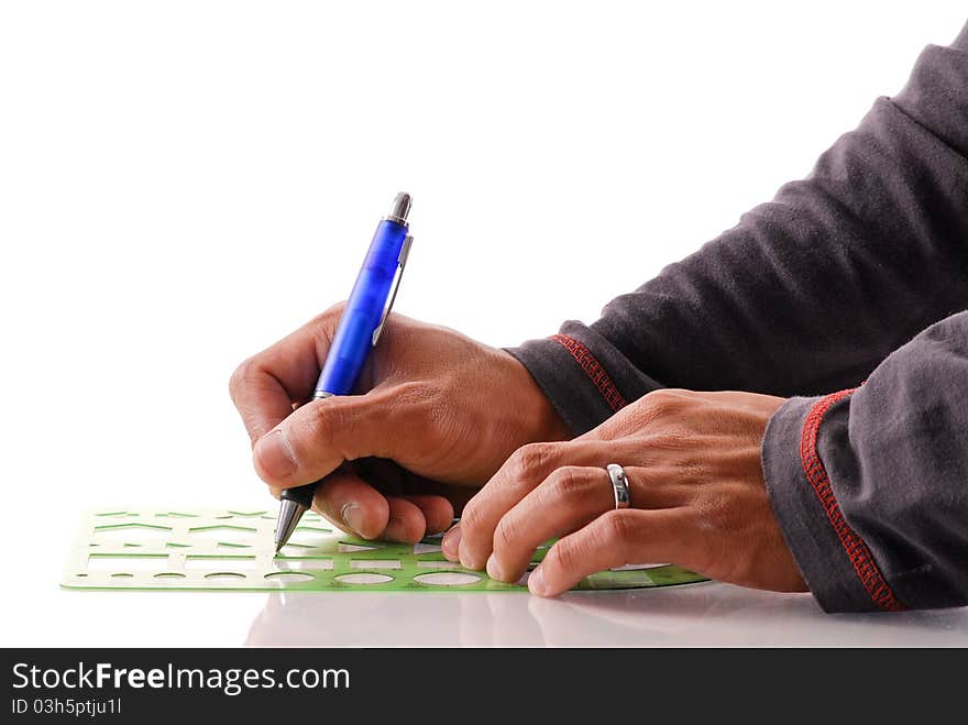 Man Working with Geometrical Stencils. Man Working with Geometrical Stencils