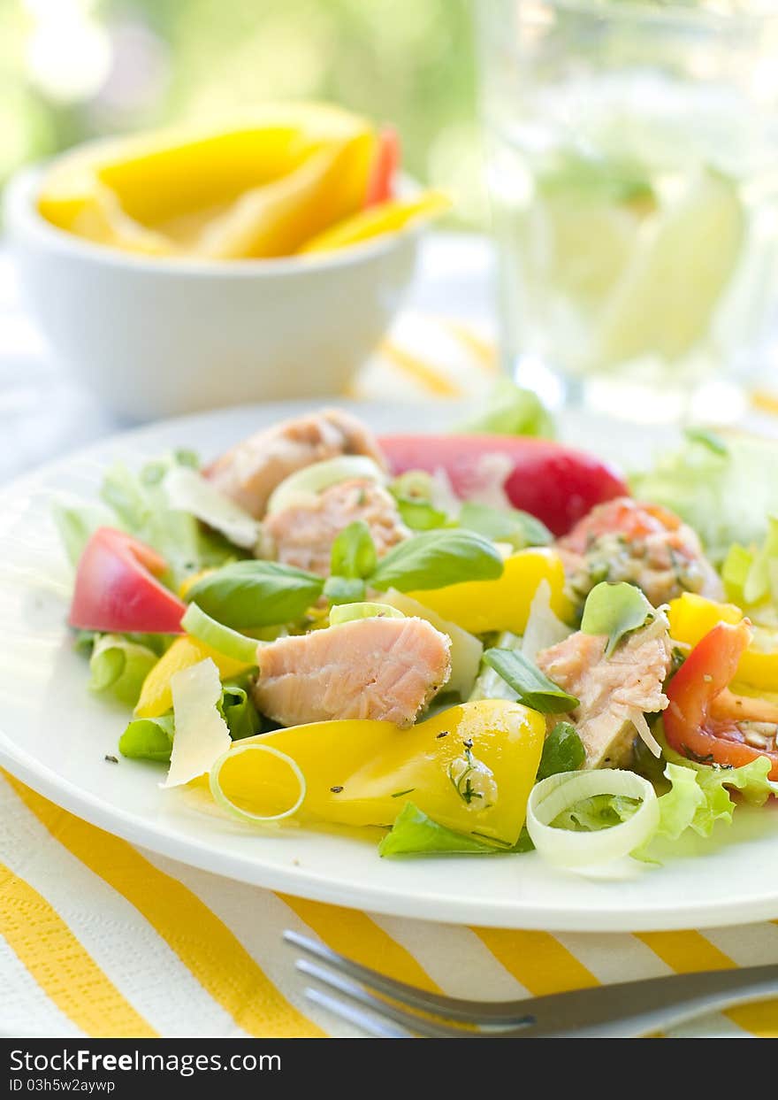 Fresh vegetable salad with grilled salmon