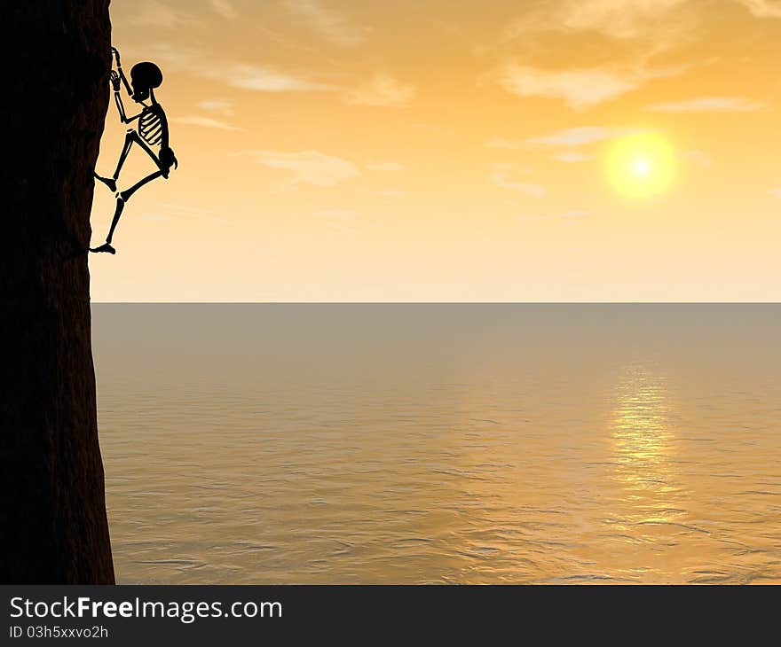 Illustration of skeleton climber silhouette hanging on rock. Mountain, sunset or sunrise, sea.